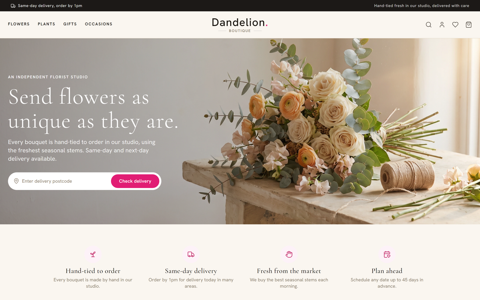 Screenshot of the Dandelion Boutique website, Brand ยท Editorial Design