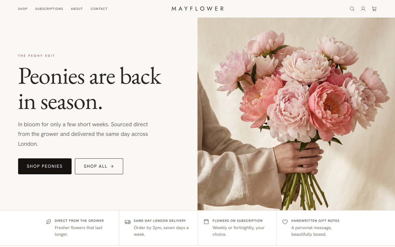 Screenshot of the Mayflower website, Ecommerce ยท Subscriptions