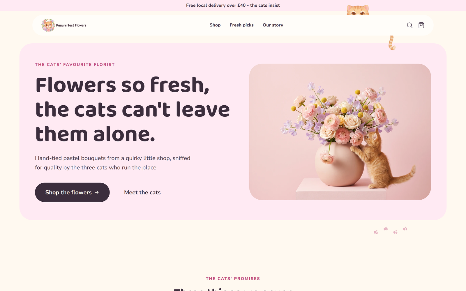 Screenshot of the Puuurrrfect Flowers website, Brand ยท Custom Illustration